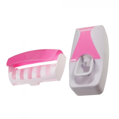 Фото Дозатор Supretto для зубной пасты с держателем для щеток, розовый (5158)