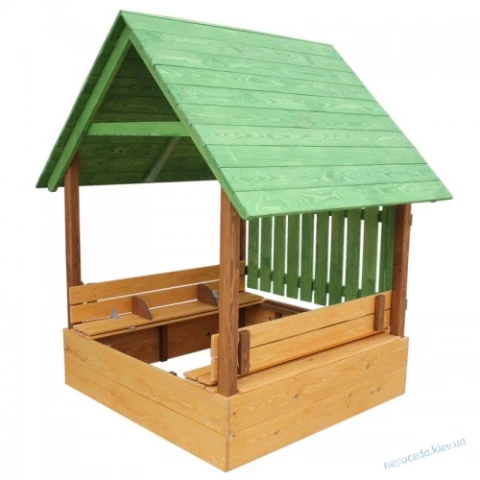 Фото Песочница-домик с лавочками крышей и защитным забором