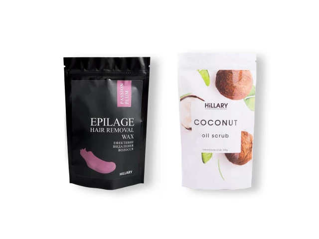 Фото Скраб для тіла кокосовий Hillary Coconut Oil Scrub, 200 г + Гранули для епіляції Hillary Epilage Passion Plum, 100 г