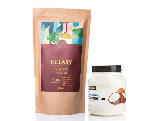 Фото Гранола Hillary Chocolate Coconut, 1000 г + Рафінована кокосова олія Hillary 100% Pure Coconut Oil, 500 мл