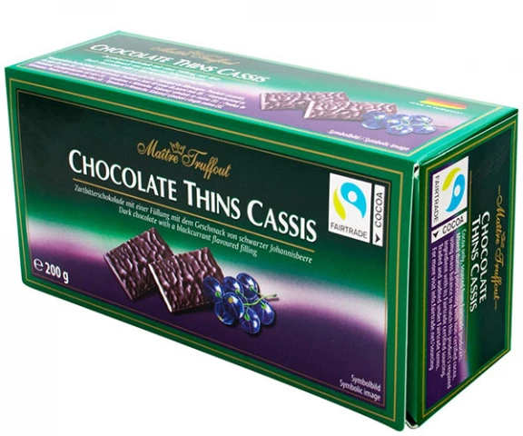 Фото Черный шоколад Maitre Truffout Thins Cassis Chocolate Черная смородина 200 г