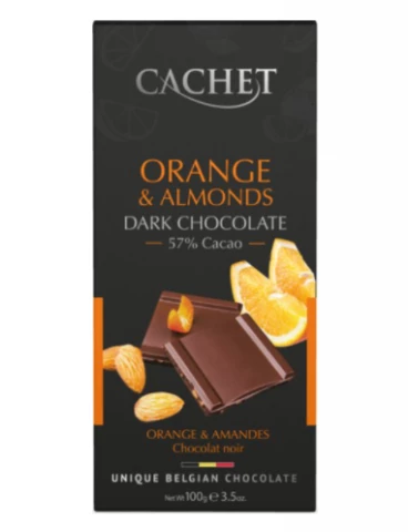 Фото Шоколад черный Cachet 57% какао с апельсином и миндалем 100 г